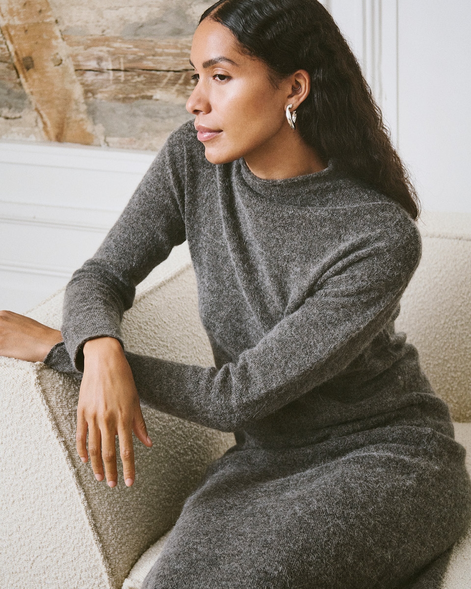 Woman in grey wool dress